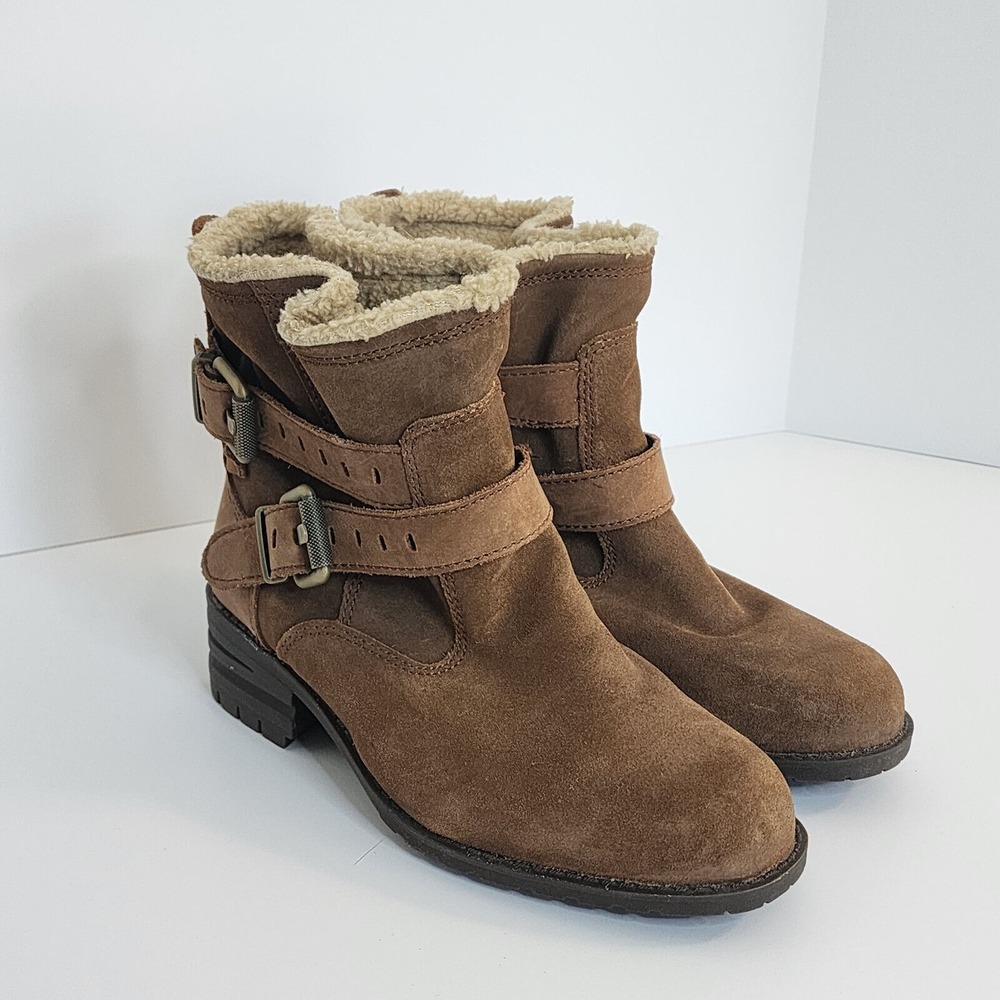 Caterpillar Suede Ankle‎ Boots Brown Shearling Lined Moto Buckle Womens 9